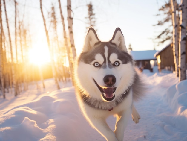 Perro feliz corriendo por la nieve