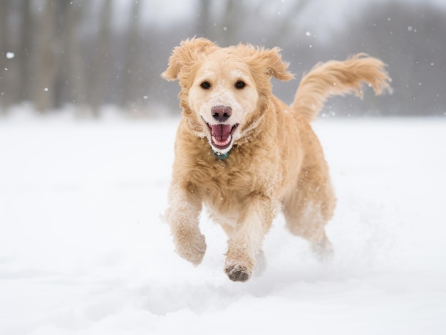 Perro feliz corriendo por la nieve