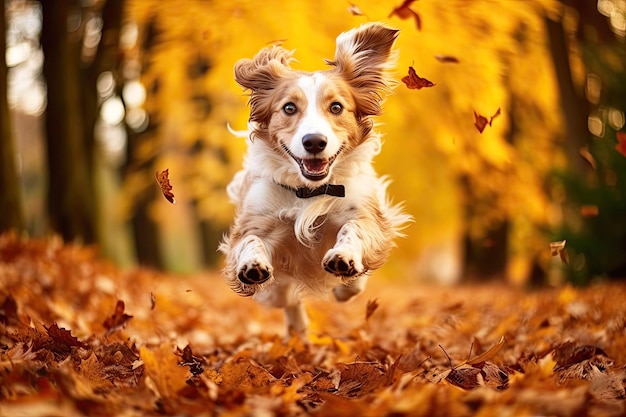 Perro feliz corriendo en el parque de otoño IA generativa