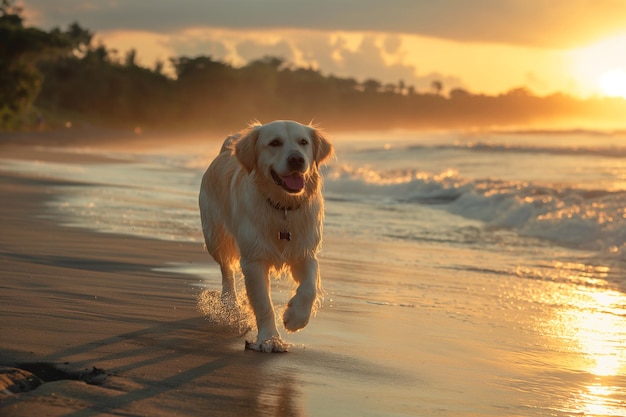 Perro feliz corriendo por la playa