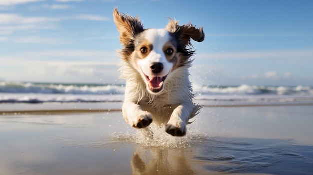 Perro feliz corriendo y saltando en el fondo de pantalla de la playa del océano Arte generado por IA