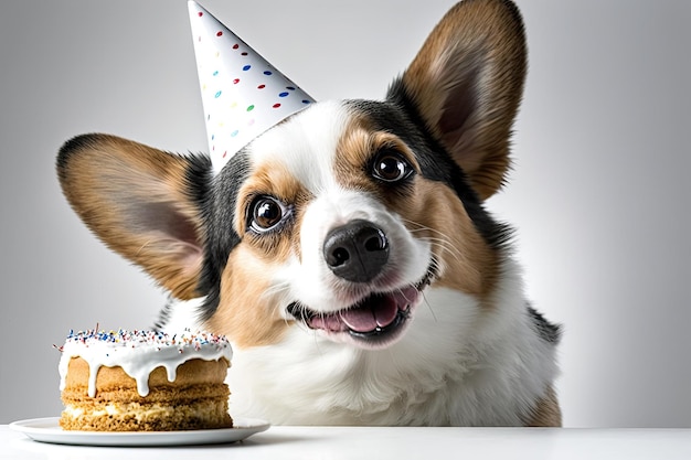 Un perro feliz cumpleaños con gorro de fiesta en una mesa con un pastel sobre un fondo blanco.