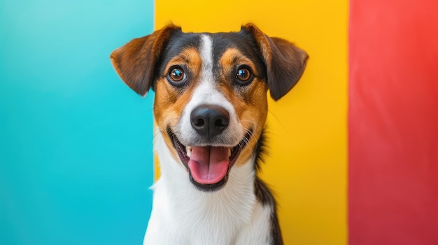 Perro feliz y curioso de raza mixta aislado en un fondo colorido