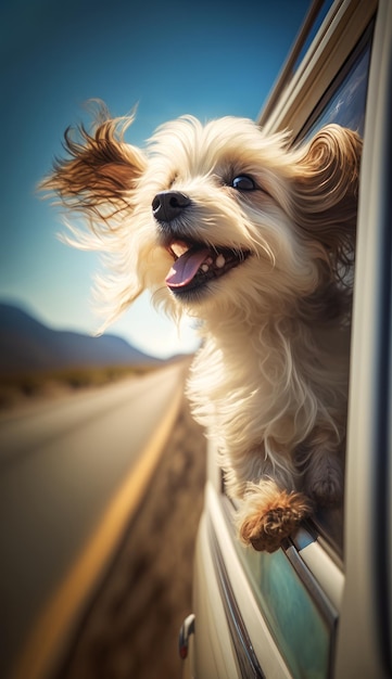 Perro feliz disfrutando de la brisa desde la ventanilla de un auto