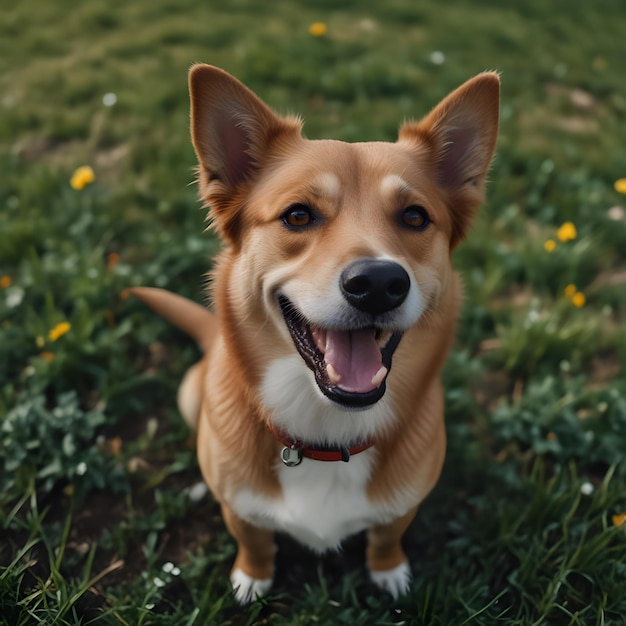 un perro feliz está de pie en la hierba