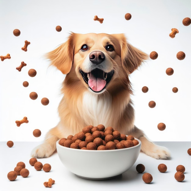 Perro feliz frente a un cuenco de croquetas volando sobre un fondo blanco