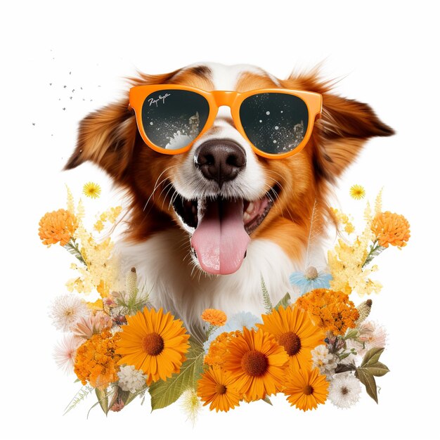 Perro feliz con gafas de sol se sienta en la flor de verano png