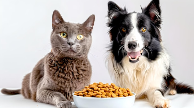 Perro feliz y gato tranquilo juntos con un cuenco de comida Concepto de convivencia de amistad de mascotas Retratos de animales domésticos IA