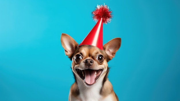 Perro feliz con gorra festiva celebra cumpleaños con fondo azul Creado con tecnología de IA generativa