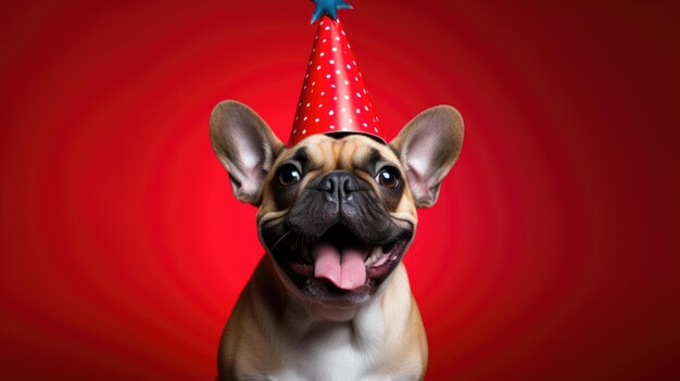 Perro feliz con gorra festiva celebra cumpleaños con fondo rojo Creado con tecnología de IA generativa