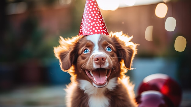 Perro feliz con gorra festiva celebra su cumpleaños en casa Creado con tecnología de IA generativa