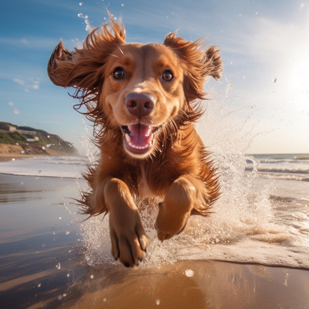 Perro feliz huyendo en la playa del mar imagen Arte generado por IA