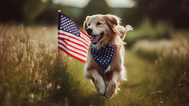 Perro feliz jugando afuera y llevando la bandera estadounidense el 4 de julio con tecnología de IA generativa