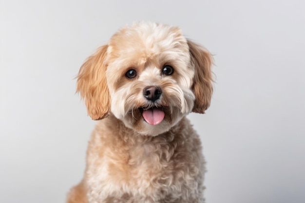 Un perro feliz maltipoo color dorado posando aislado sobre fondo blanco Concepto de belleza raza mascotas vida animal