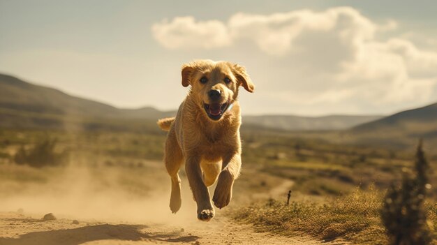 Un perro feliz en movimiento en un paisaje escénico de fondo