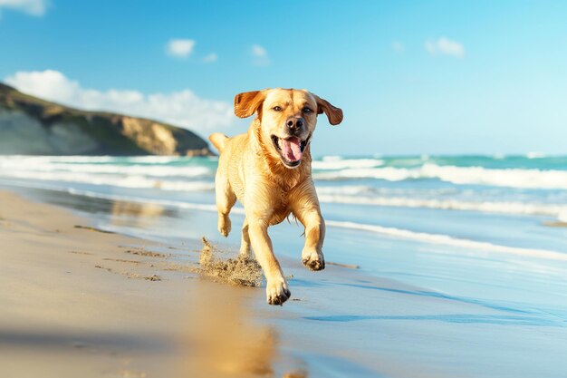 Perro feliz en la playa en un día soleado de vacaciones en verano