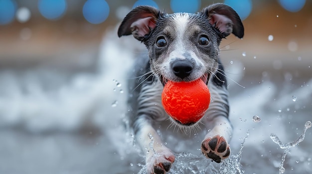 Perro feliz en la playa con una pelota jugando en el agua