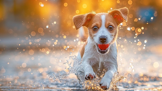 Perro feliz en la playa con una pelota jugando en el agua