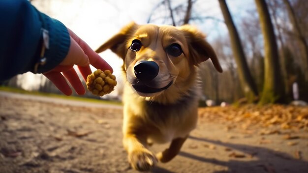 El perro feliz salta y agarra el perro trata en la mano de su dueño la amistad entre el hombre y el perro