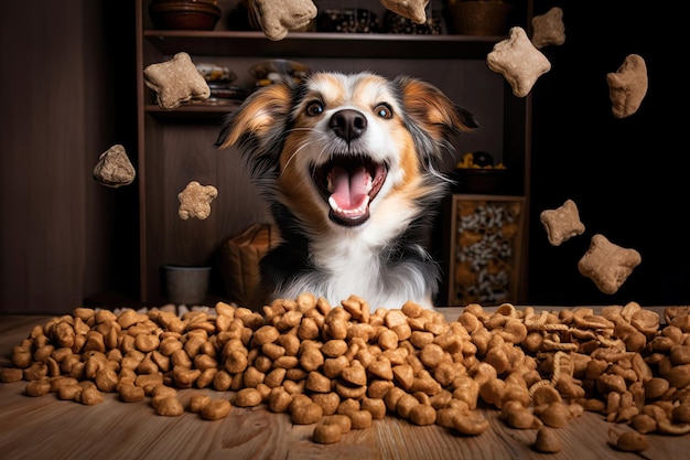 Foto perro feliz sentado en una mesa rodeada de montañas de comida y bocadillos saludables para perros dispersos