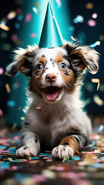 Perro feliz con un sombrero de fiesta celebrando en una fiesta de cumpleaños