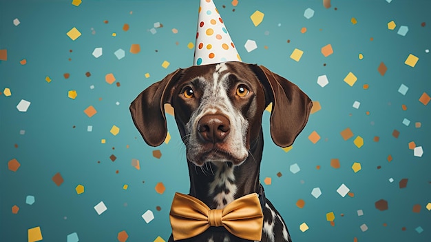 Perro feliz con un sombrero de fiesta celebrando en una fiesta de cumpleaños