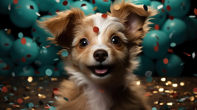 Perro feliz con un sombrero de fiesta celebrando en una fiesta de cumpleaños