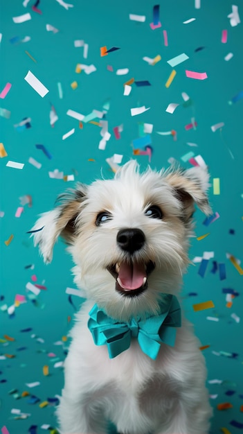 Perro feliz con un sombrero de fiesta celebrando en una fiesta de cumpleaños