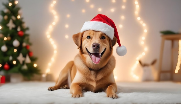 Un perro feliz con un sombrero rojo de Papá Noel mirando directamente a la cámara con alegría
