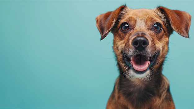 Perro feliz y sonriente sobre un fondo azul