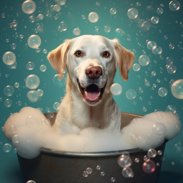 Foto perro feliz tomando un baño perro en la bañera