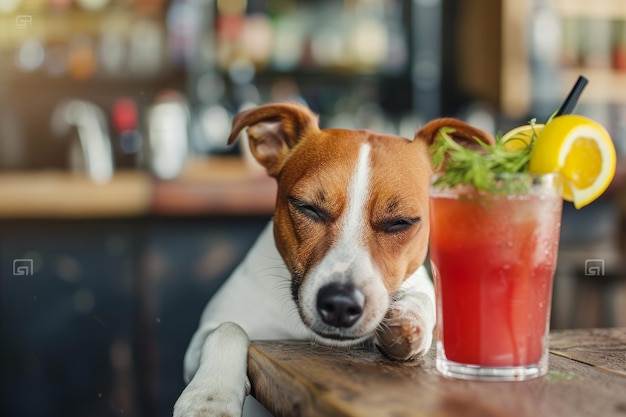 Perro feliz tomando cócteles divertido perro fresco y cócteles en el bar retrato fotográfico de un feliz realista