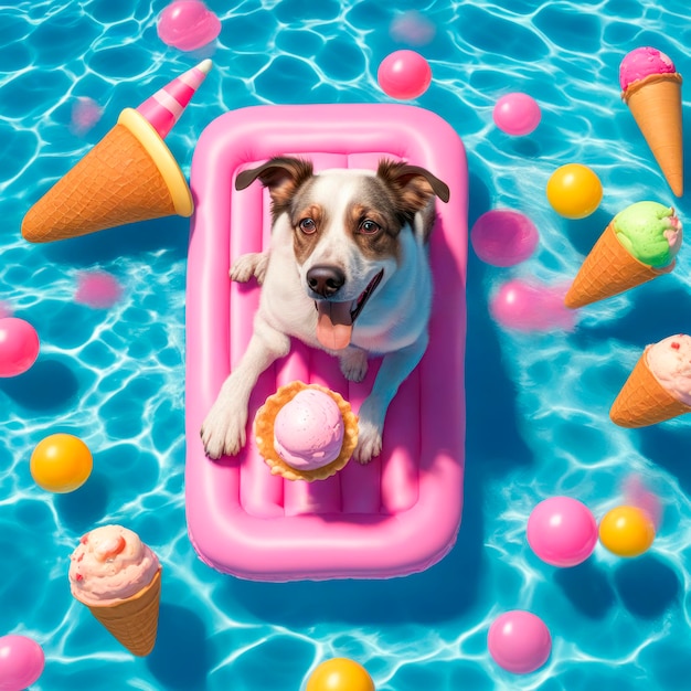 Foto perro feliz de vacaciones en la piscina perro lindo nadando en un colchón en la piscina