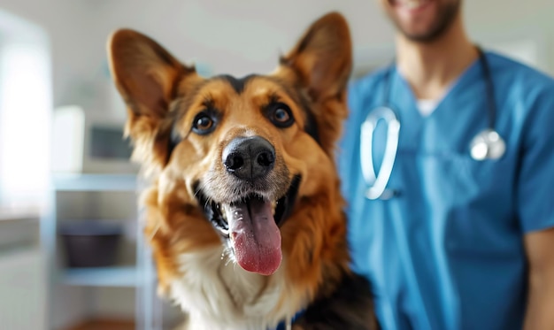 perro feliz con el veterinario en la clínica veterinaria fondo borroso