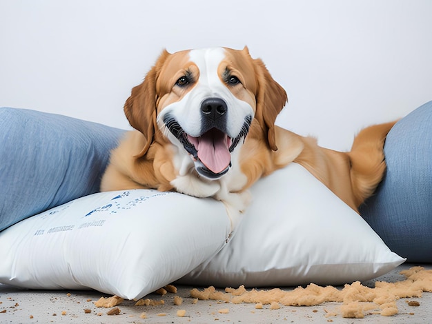 El perro felizmente se sienta cerca de una almohada rota perro sentado en el sofá Concepto de hogar feliz