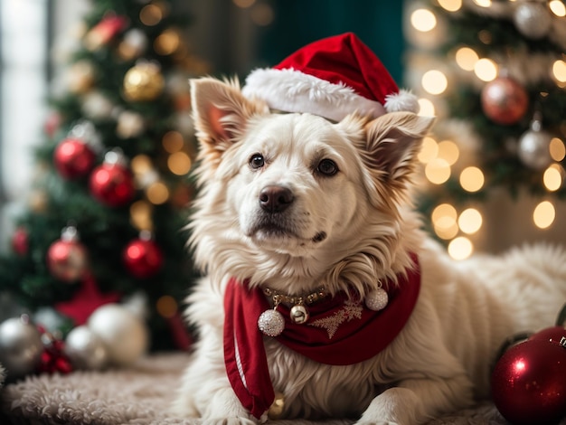 Perro festivo con gorro de Papá Noel en medio de decoraciones navideñas