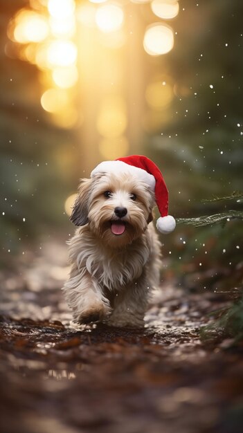 Perro festivo con un sombrero de Navidad en el bosque