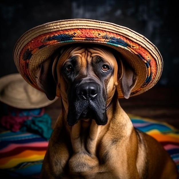 Foto perro fila brasileiro con un sombrero nacional retrato en primer plano de una mascota linda y divertida