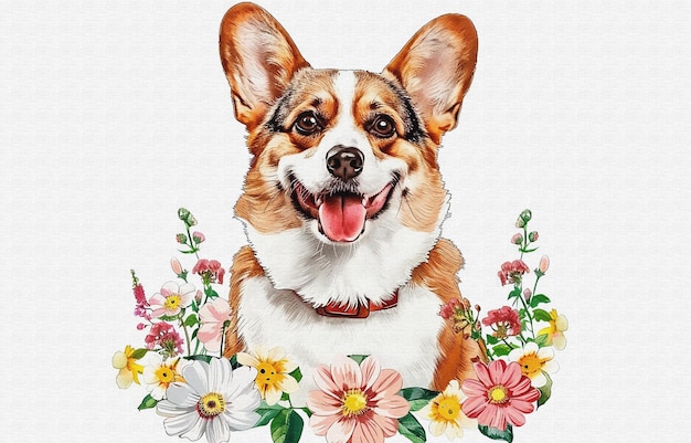 un perro con una flor en la boca está sonriendo