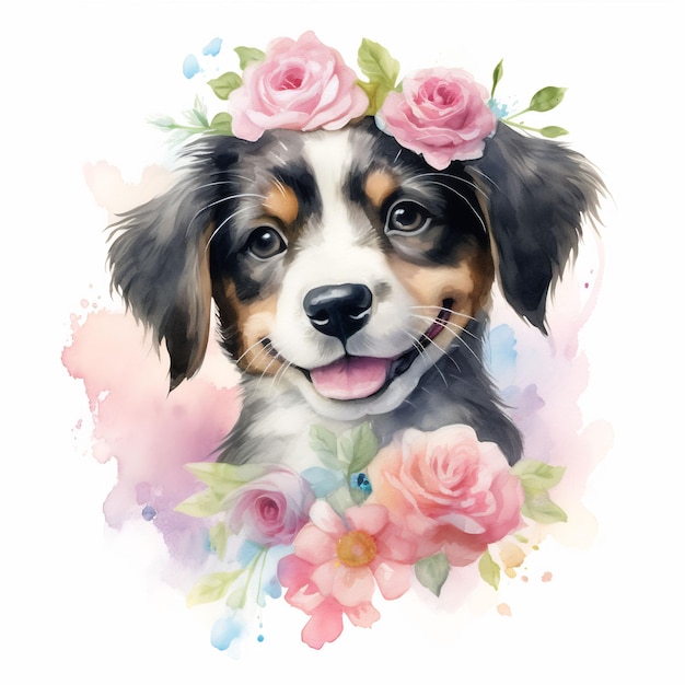 un perro con una flor en la boca y flores al fondo