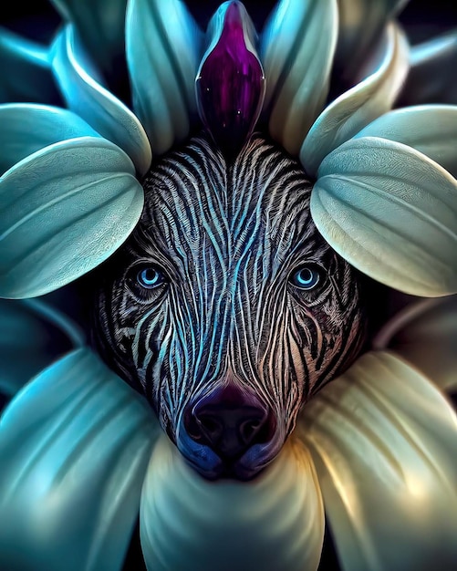 Un perro con una flor en la cabeza.