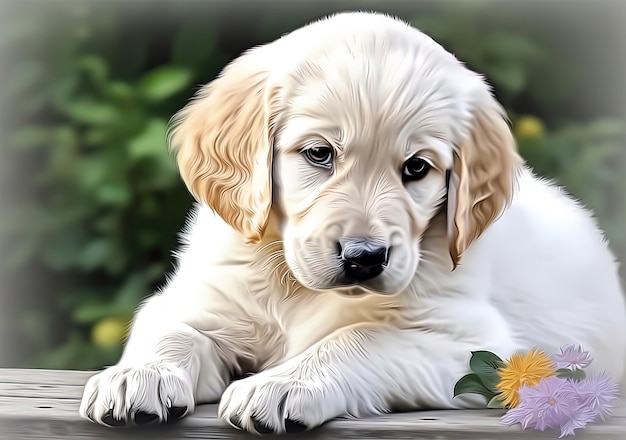 Un perro con una flor en él.