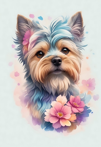 un perro con flores y un fondo de acuarela