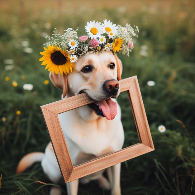 Foto un perro con flores y un marco