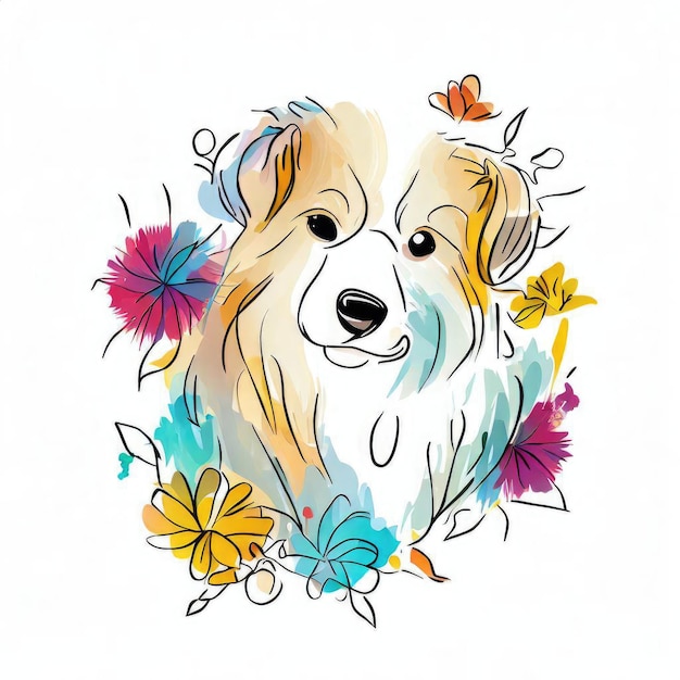 Un perro con flores y mariposas