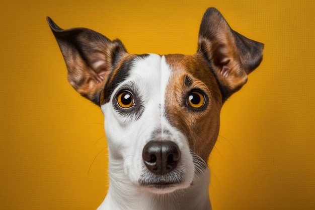Un perro con fondo amarillo y un perro blanco y marrón con la cara negra y una mancha blanca en el frente.