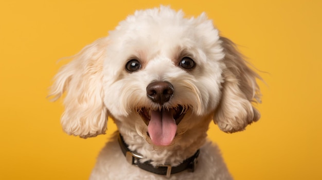 Un perro con un fondo amarillo.