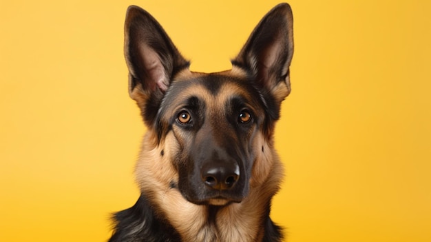 Un perro con un fondo amarillo.