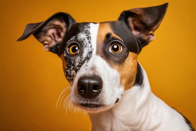 Un perro con un fondo amarillo.