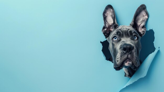 Foto un perro con un fondo azul que tiene un agujero en él